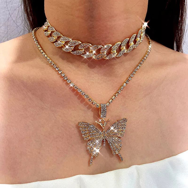 Women's Exaggerated Alloy Rhinestone Large Butterfly Pendant Necklace