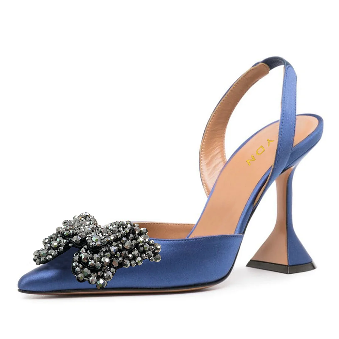 Blue Satin Pointed Beads Embellished Butterfly Inlay Slingback Pumps