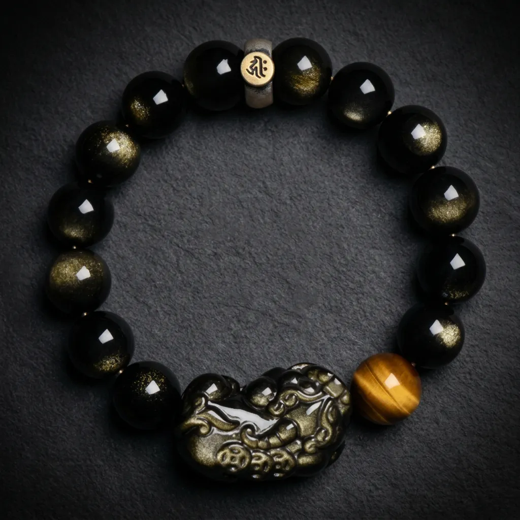 Celestial Guardian | Natural Golden Sheen Obsidian Pixiu Bracelet Compassion (Rat)-14mm (Bold)