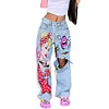 Women's Long High-Waisted Jeans With Ripped Edges And Fashionable Red Lips Printed Wide-Leg Pants by Inlyline