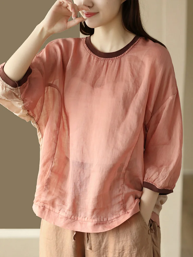 Women Casual Solid Spliced Summer Thin Ramie Shirt