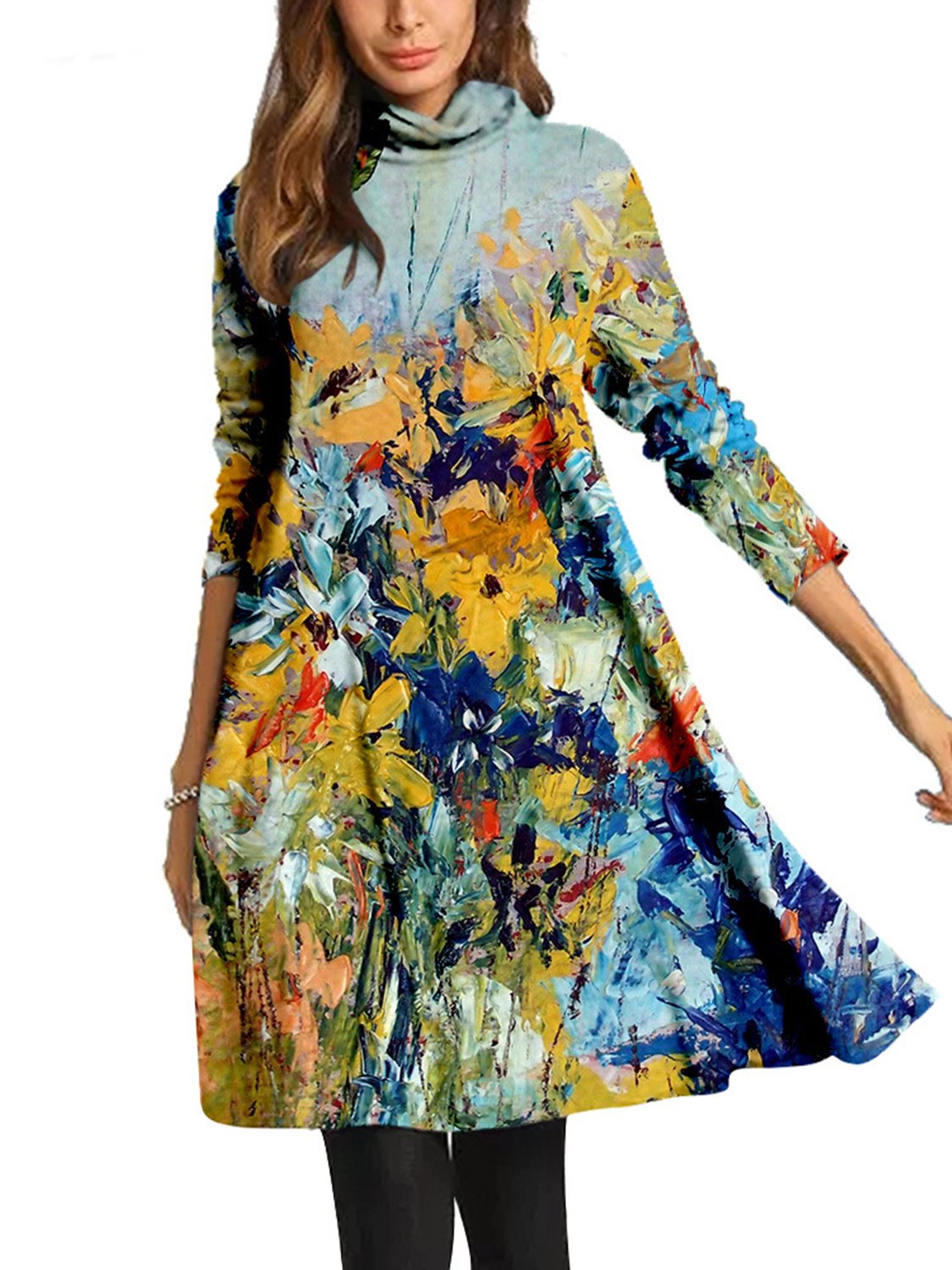 Women Long Sleeve Scoop Neck Printed Midi Dress