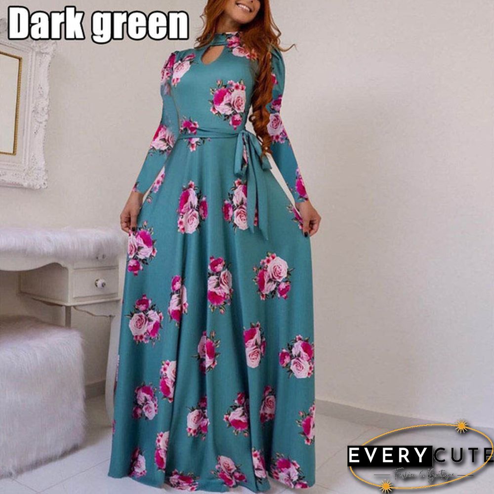 Women Fashion Long Sleeve Dress Maxi Dresses High Waist Flower Dress Party Dress