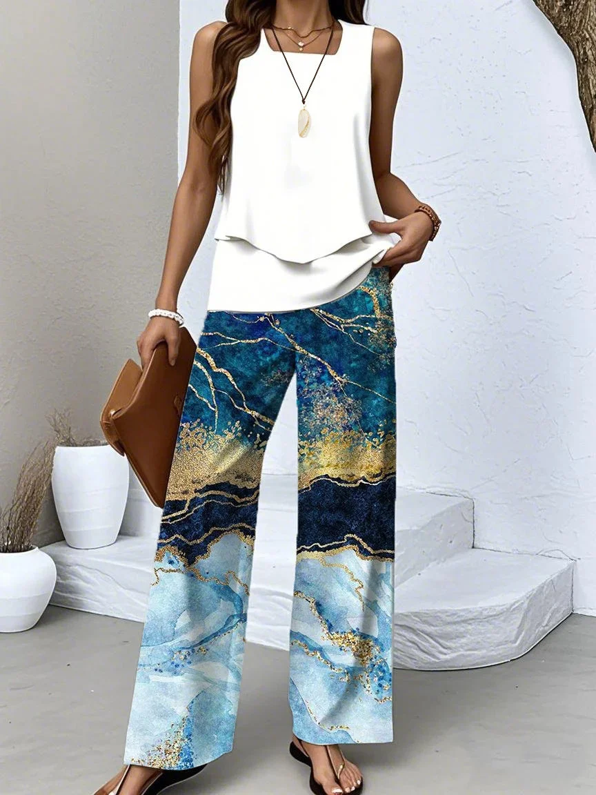 Women's Sleeveless Square Collar Graphic Printed Casual Set