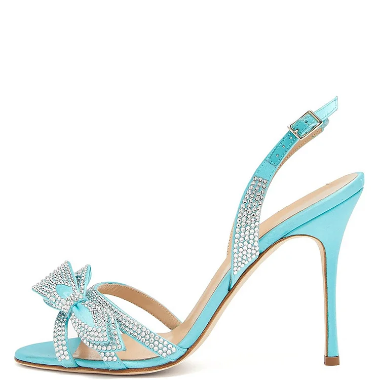 Aqua Rhinestones Bow Heels Sandals for Wedding |FSJ Shoes