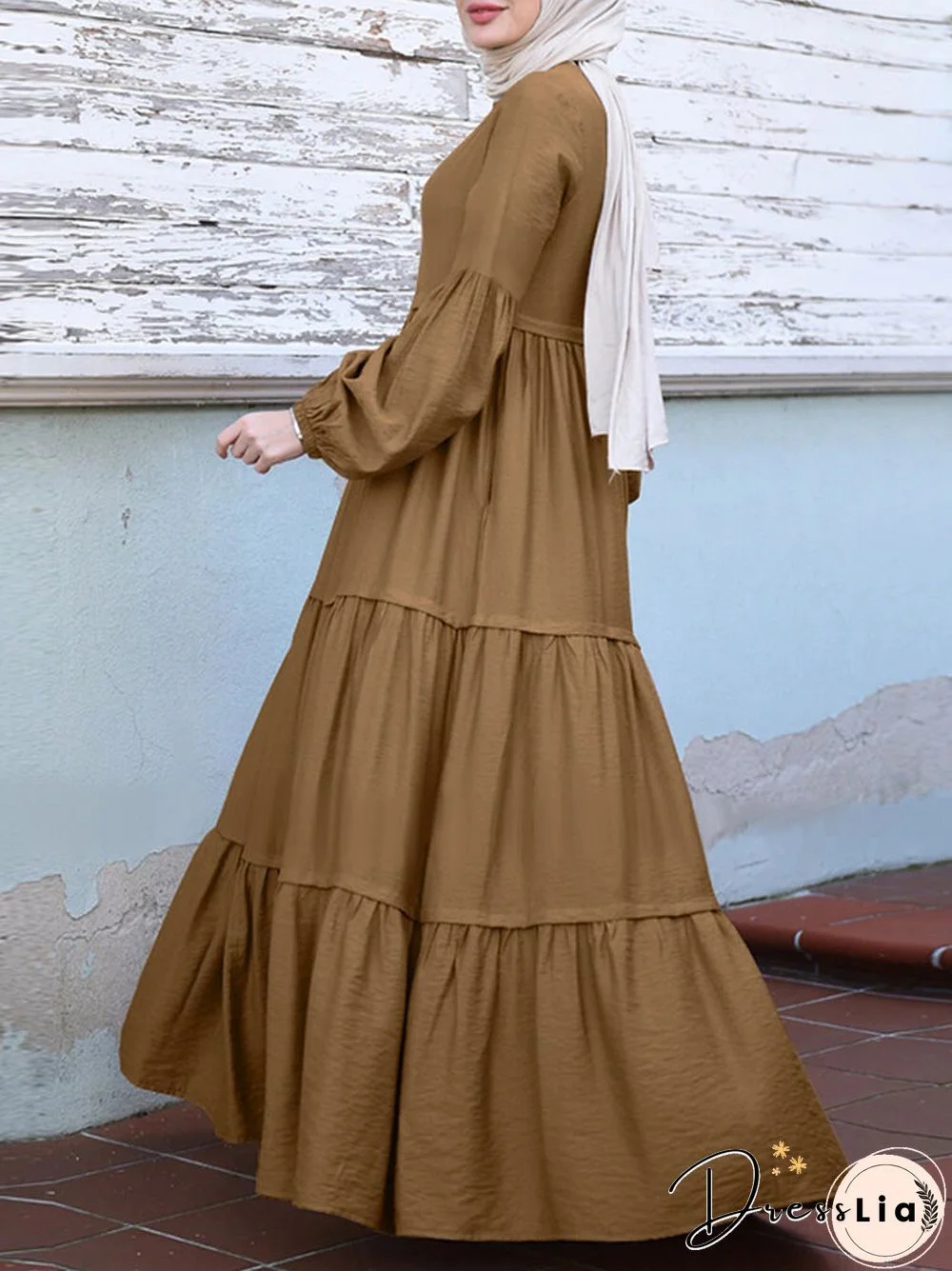 Muslim Solid Color Long Shirt Sundress Casual Pleated Maxi Dress