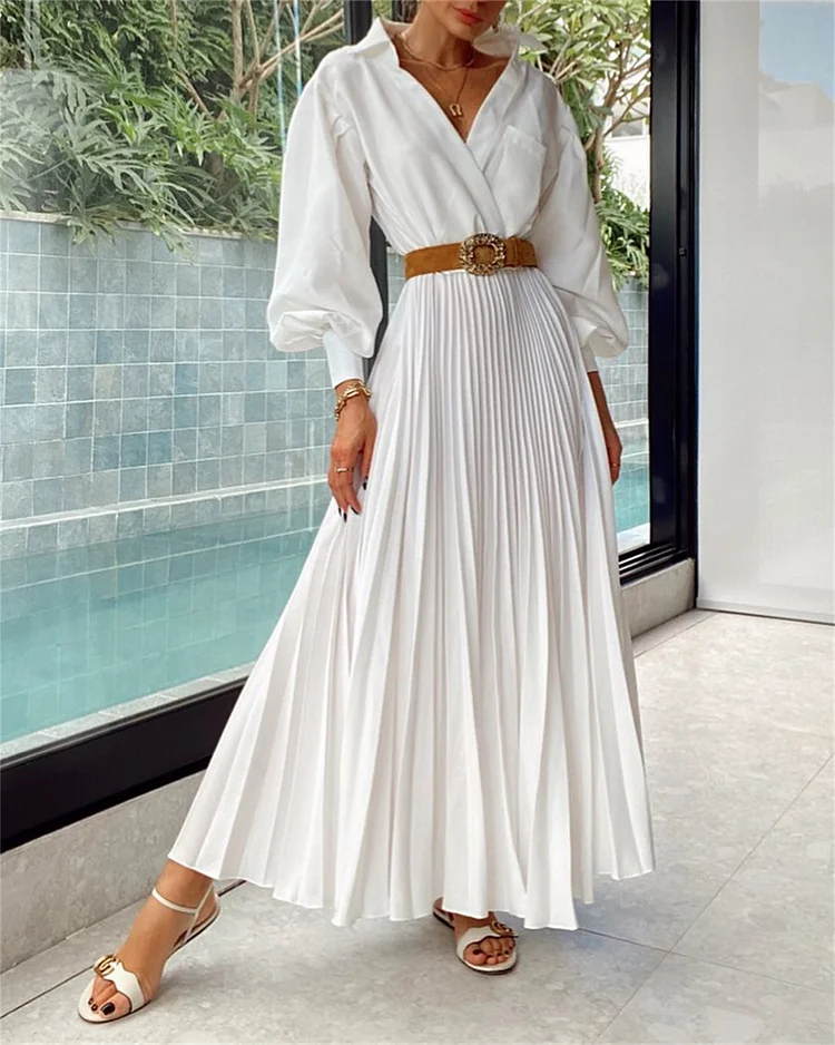 Women's Lapel White Long Sleeve Dress