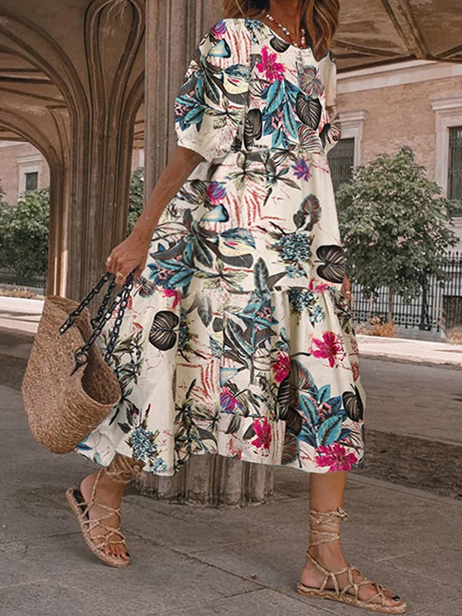 Casual Printed Round Neck Short Sleeve Loose Midi Dress
