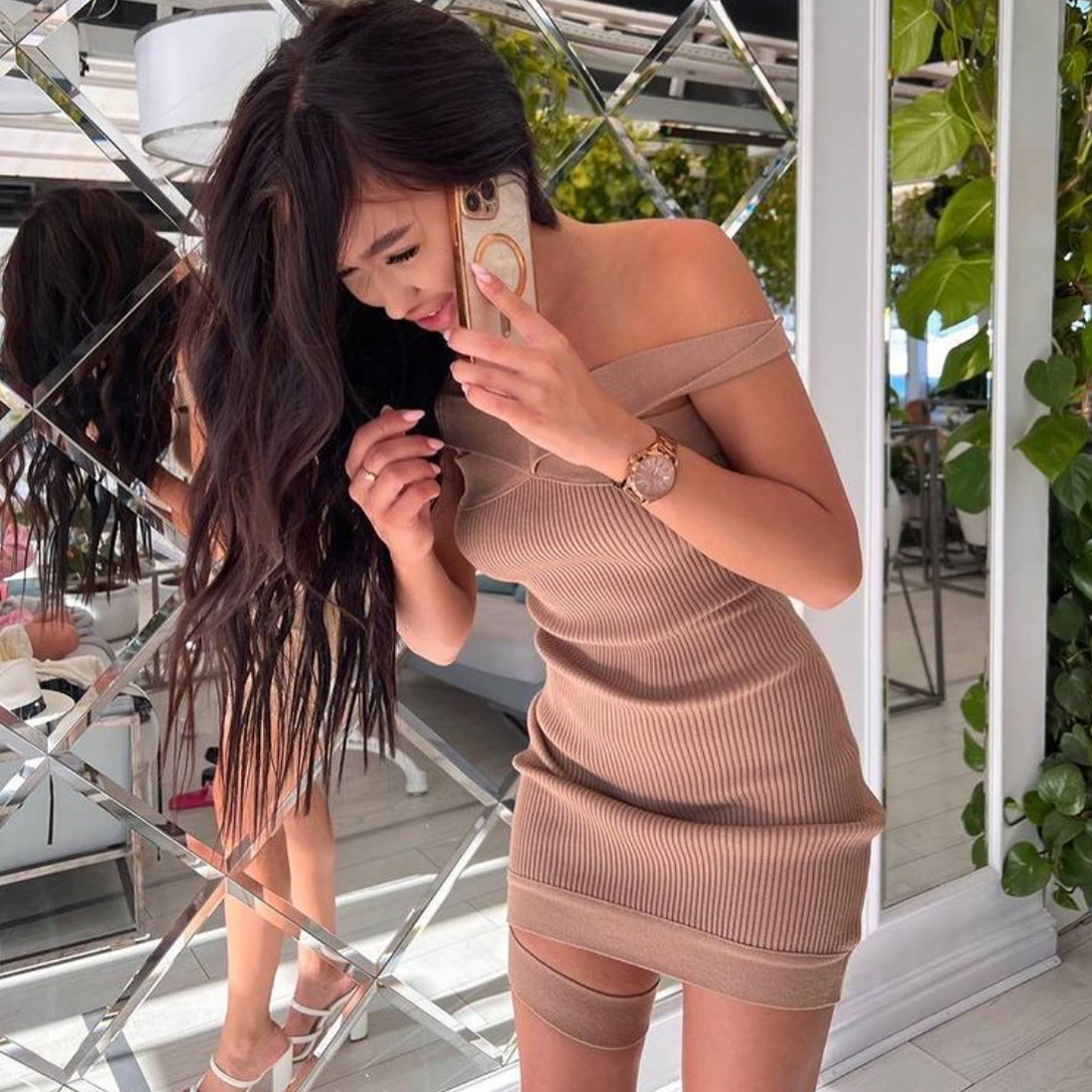 Ootddress Off Shoulder Knit Dress For Women Halter Bandage Knitted Slim Bodycon Dresses Knitwear Sundress Beach Party Mini Dress