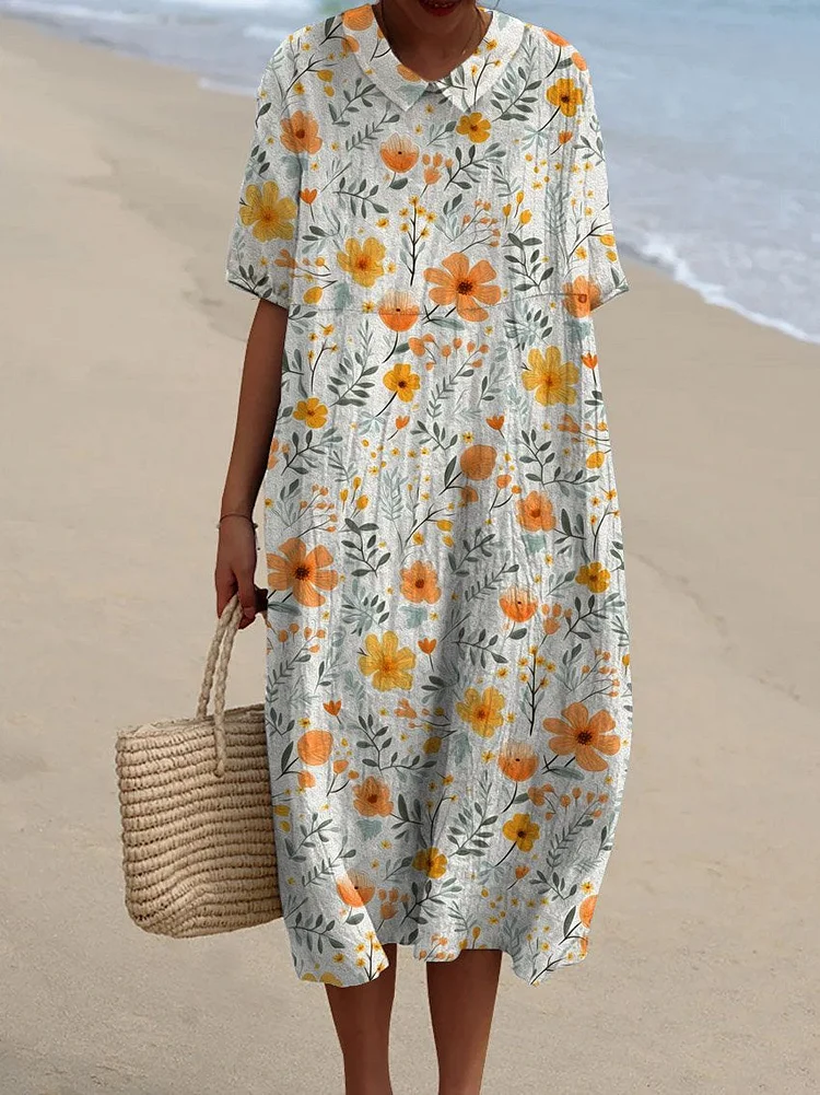 Women's Vintage Floral Art Print Pocket Linen Dress（Convertible Dress With Front And Back Option）