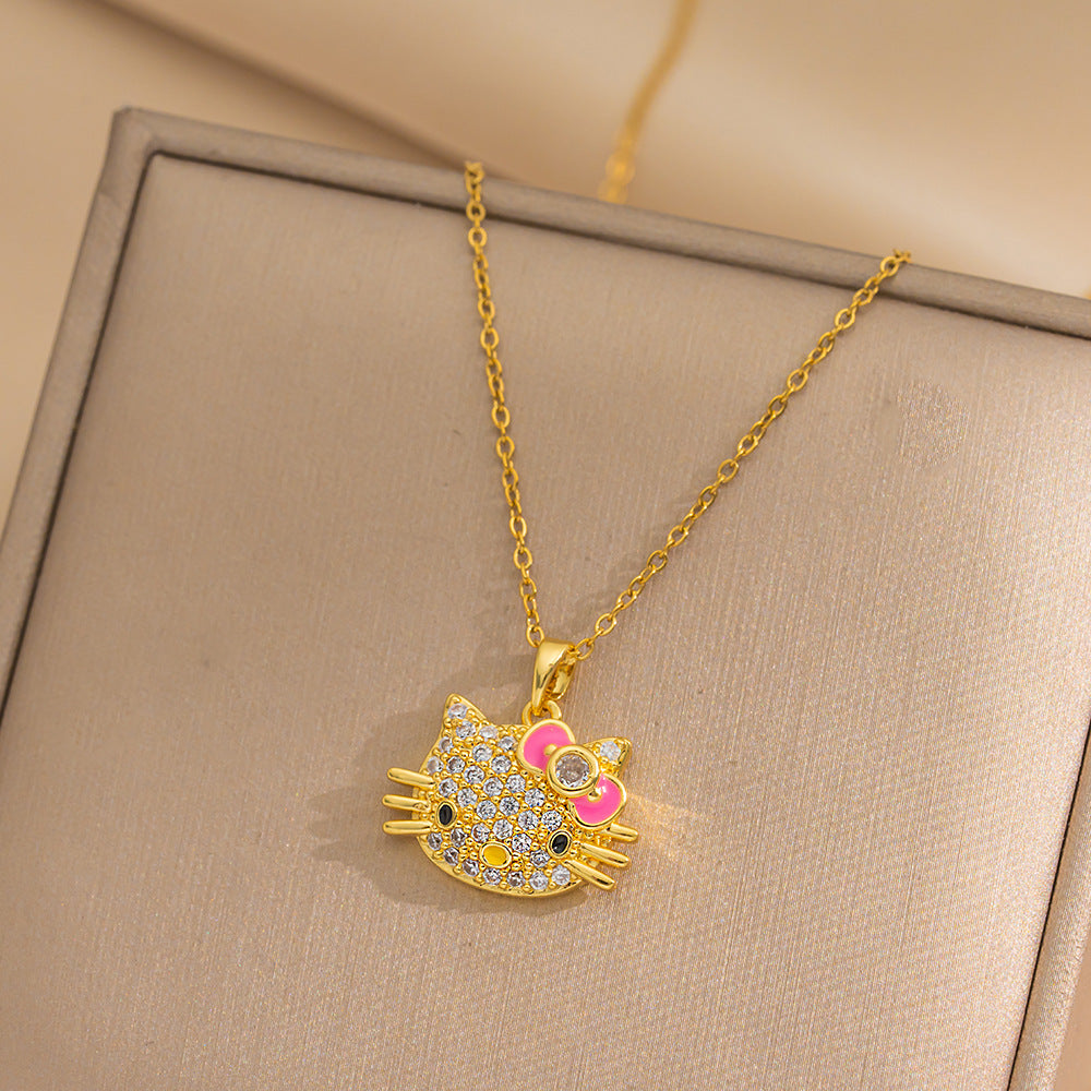 Design Kt Cat Pendant Necklace Micro Inlaid Zircon Copper Plated 18 Gold All-Match Clavicle Chain