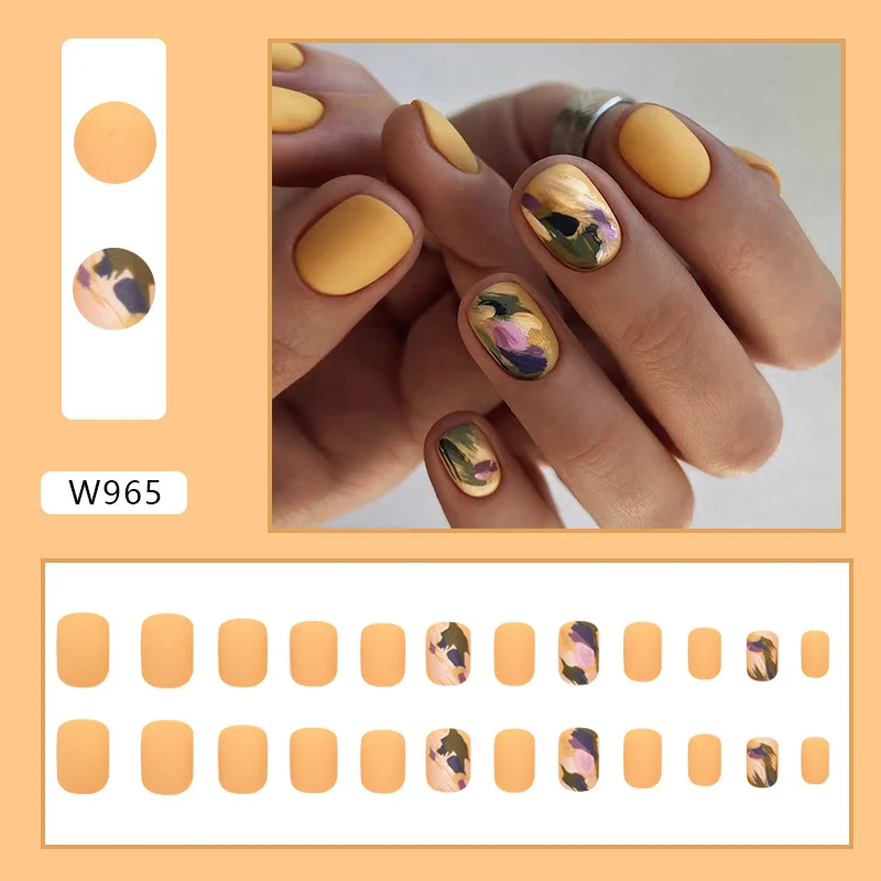 Churchf Churchf Frosted Cheese Yellow Irregular Graffiti Nail Small Short Wear 24 Pieces
