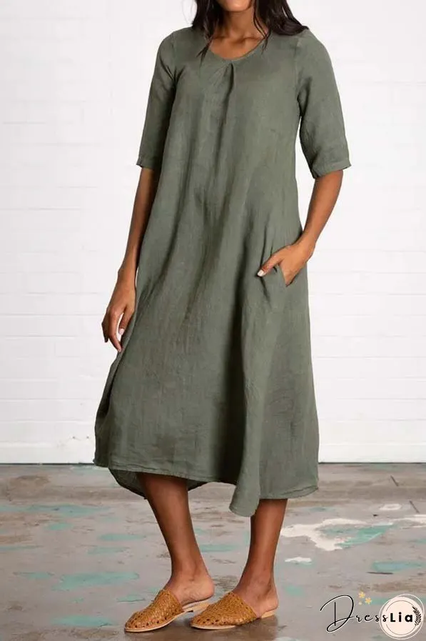Round Neck Half Sleeve Long Solid Color Casual Cotton Linen Dress
