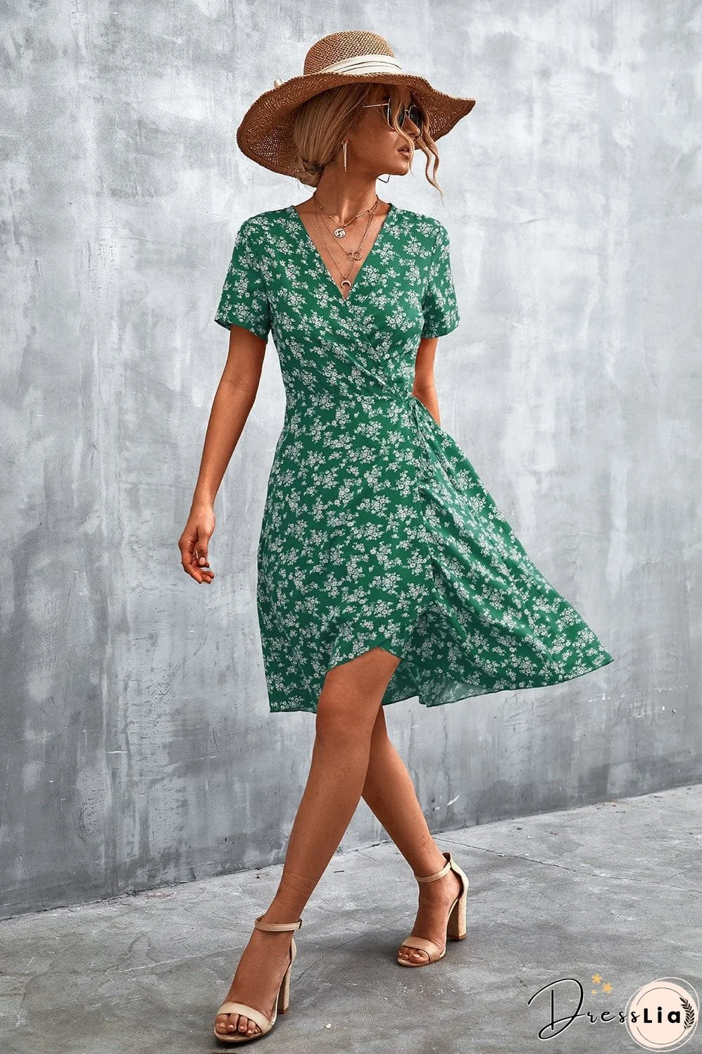 Floral Surplice Neck Flutter Sleeve Dress
