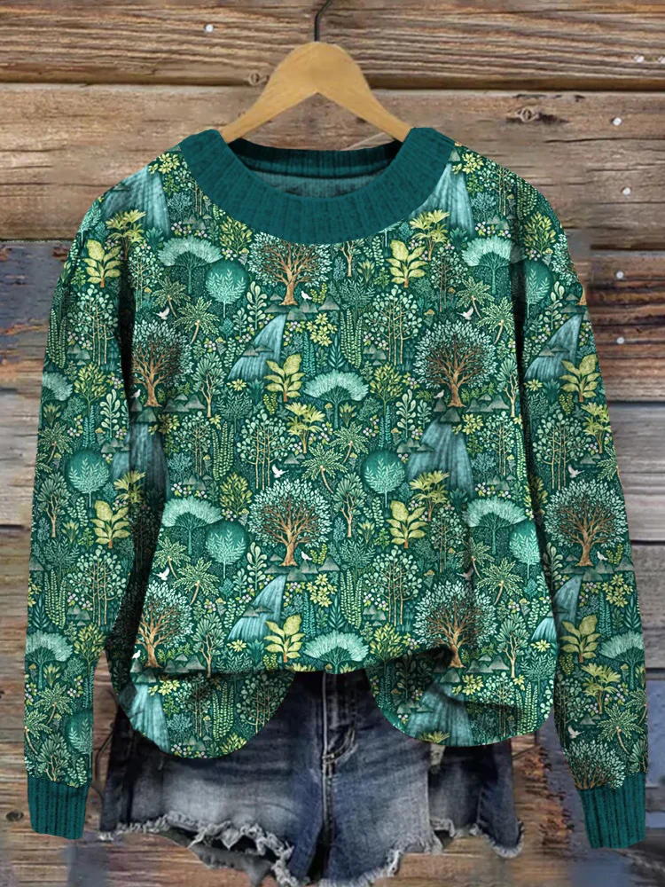 VChics Vintage Emerald Eden Graphic Crew Neck Cozy Sweater