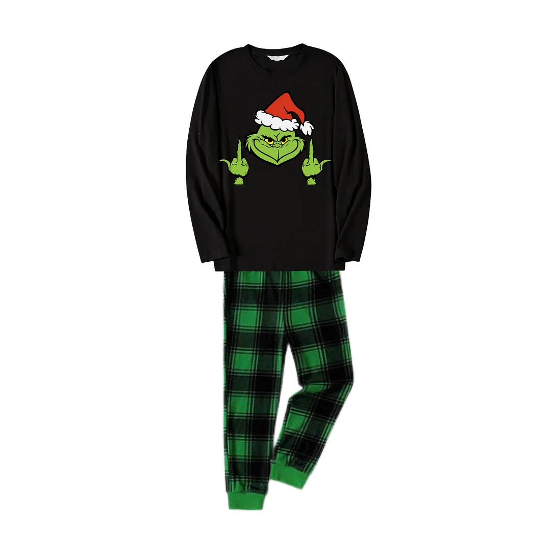 Christmas Cartoon Print Black Long Sleeve Top with Green and Black Plaid Family Matching Pajamas