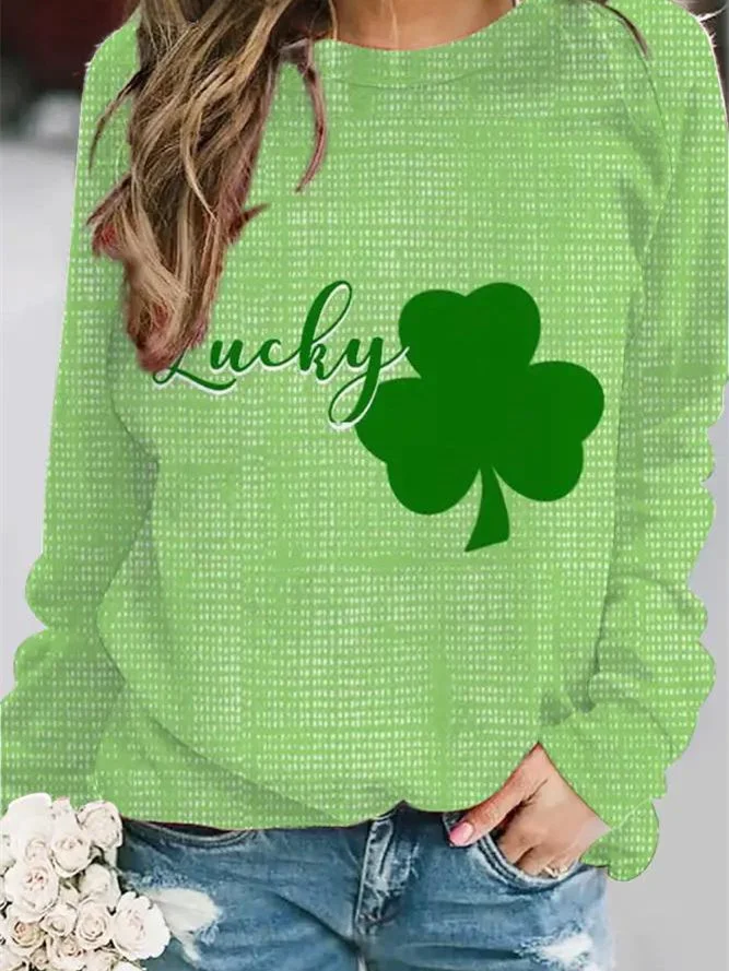Women's Long Sleeve Scoop Neck Four Leaf Clover Printed Graphic Tops