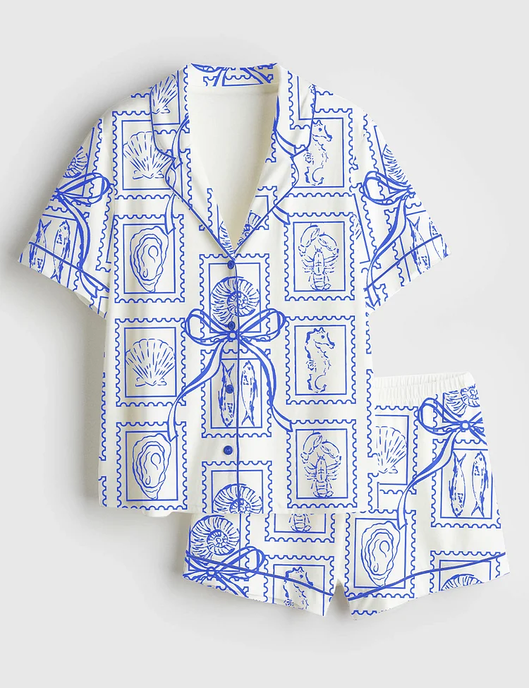 Women&rsquo;s Summer Oyster Coastal Trendy Summer Beach Aesthetic Summer Print Short Sleeve Satin Pajama Set