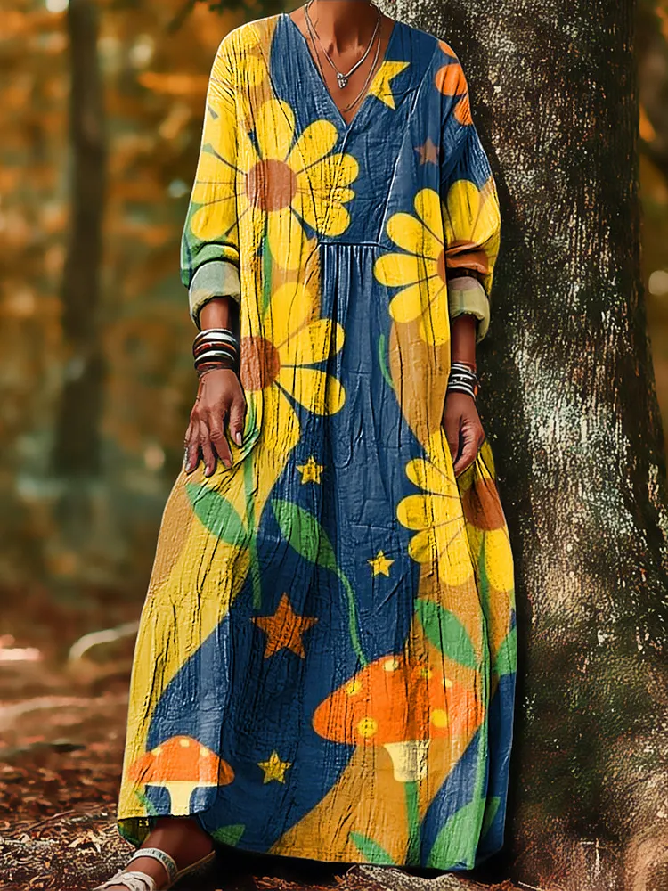 Women's Vintage Abstract Big Sunflower Corrugated Painting Art Print Dress