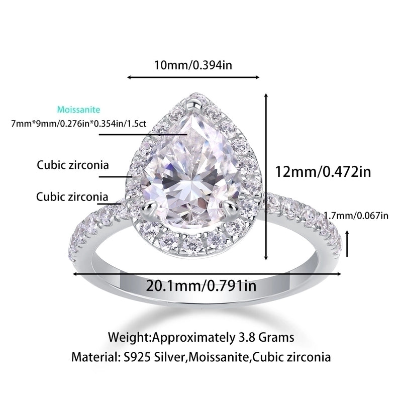 1.5ct White Gold Plated 925 Sterling Silver Moissanite Water Droplets Rings GRA Certificate
