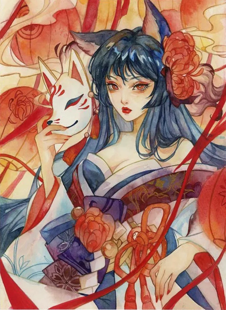 Fox Mask Flower Girl-AB Round Drill Diamond Painting-40*60CM(Canvas)