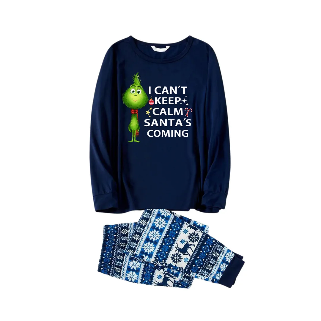 "I Can't Keep Calm, Santa's Coming" Slogan Printed Blue Christmas Matching Pajamas