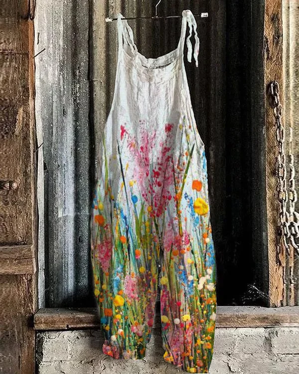 Fashion Oil Painting Style Floral Women Casual Linen Jumpsuits