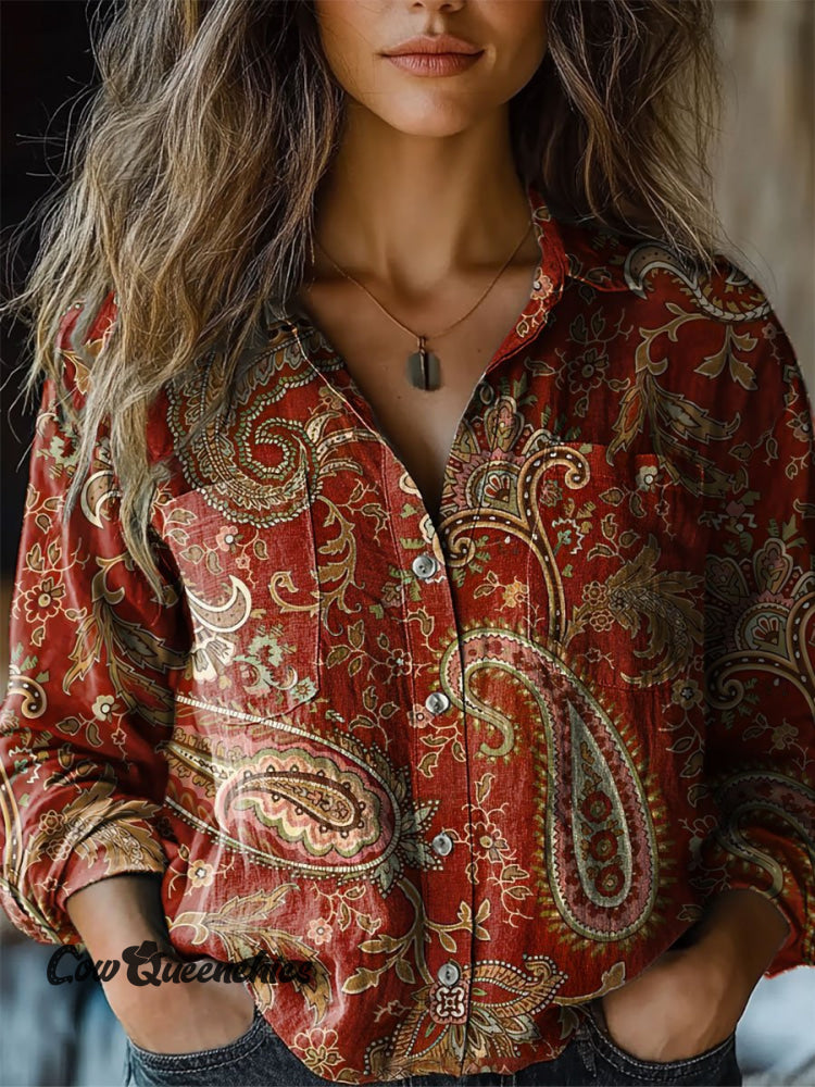 Women’s Vintage Print Casual Long Sleeve Comfortable Cotton Shirt Multicolor / S