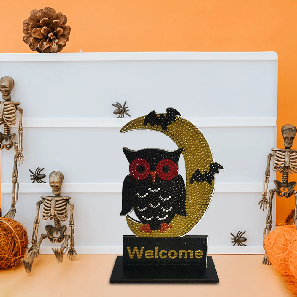 Halloween Wooden Spot Diamond Decoration Moon Owl (Single-sided Crystal Diamond)