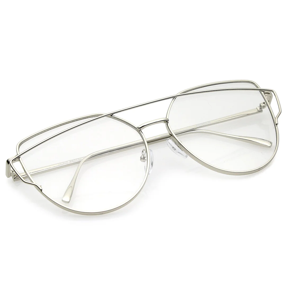 Oversize Metal Frame Thin Temple Clear Flat Lens Aviator Eyeglasses 62mm