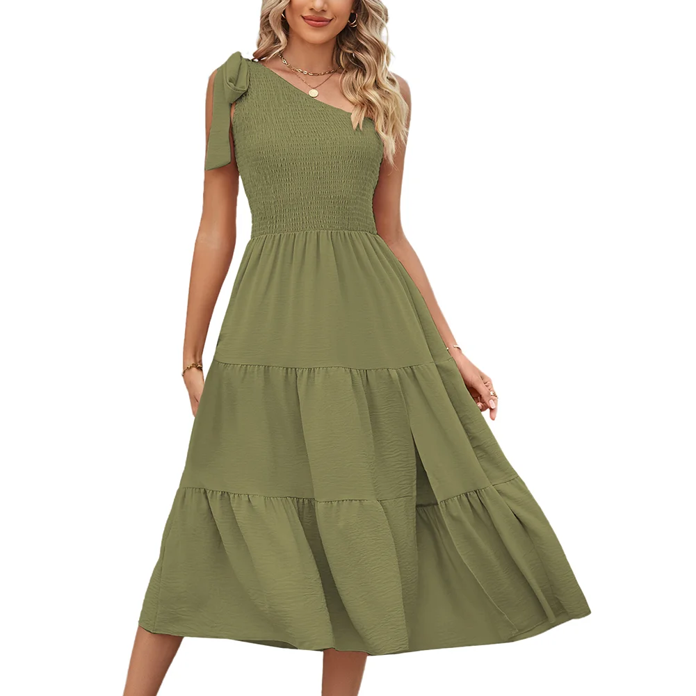 Green One-shoulder Layered Casual Dress with Slit