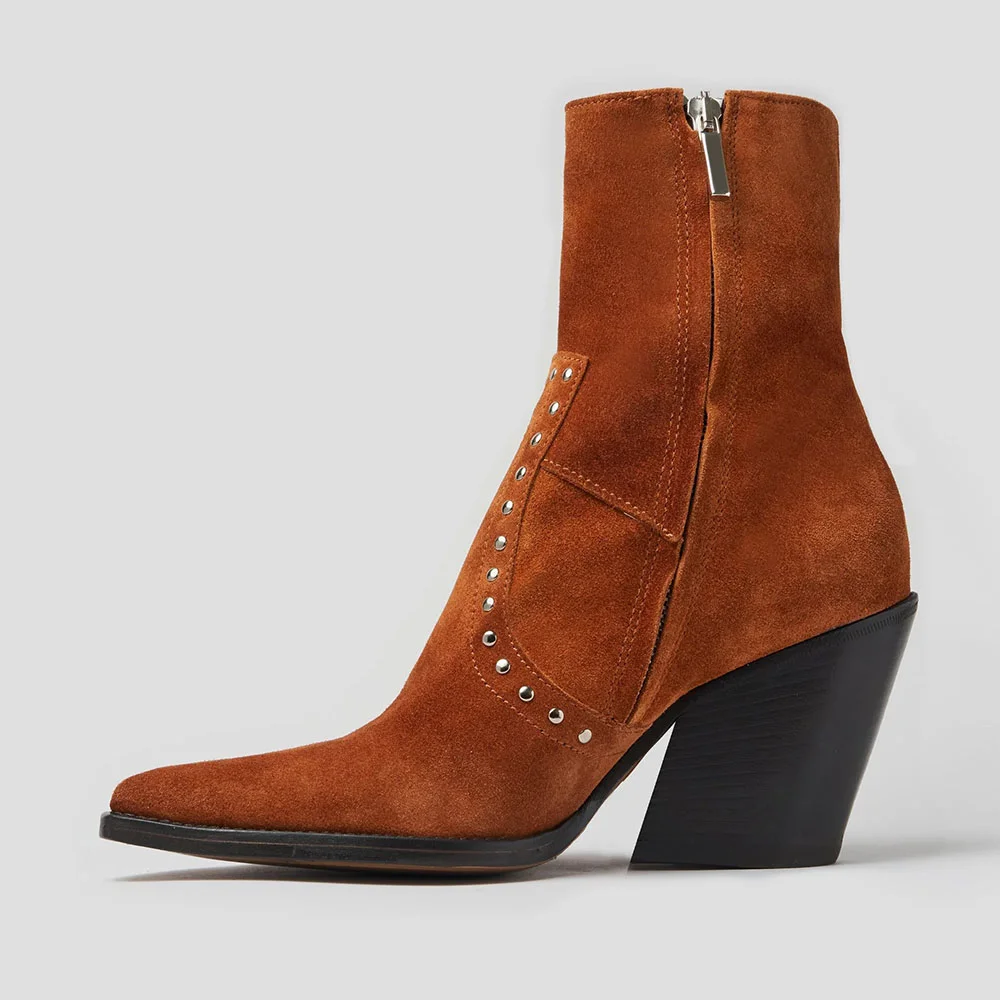 Pointed Toe High Heeled Studded Fringe Short Booties in Brown