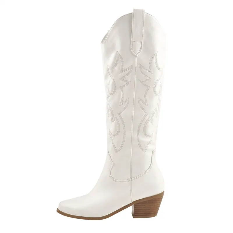 Onlymaker Women White Knee High Boots Western Cowboy Boots Wide Calf Embroidered Pointed Toe Block Heel Pull-On Cowgirl Booties