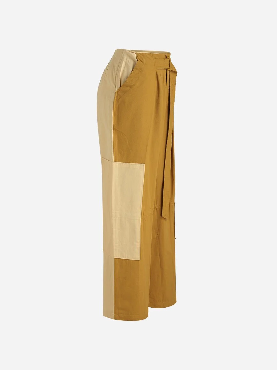 Wiholl High Waist Belted Contrast Splicing Yellow Pants For Women