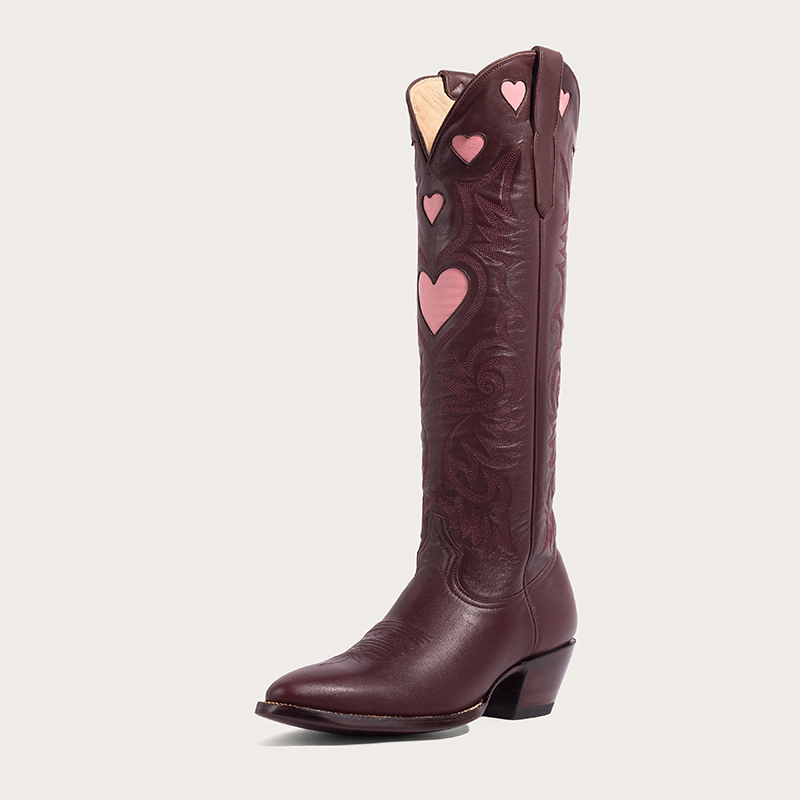 Maroon Pointed Toe Block Heel Shoes Vintage Heart Print Western Boots