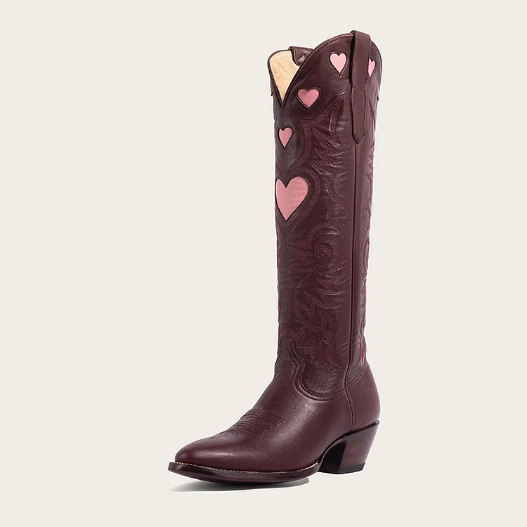 Maroon Pointed Toe Block Heel Shoes Vintage Heart Print Western Boots |FSJ Shoes