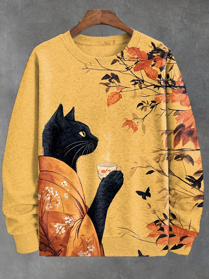 Men's Japanese Robe Cat Drinking Coffee Fall Art Print Casual Sweatshirt
