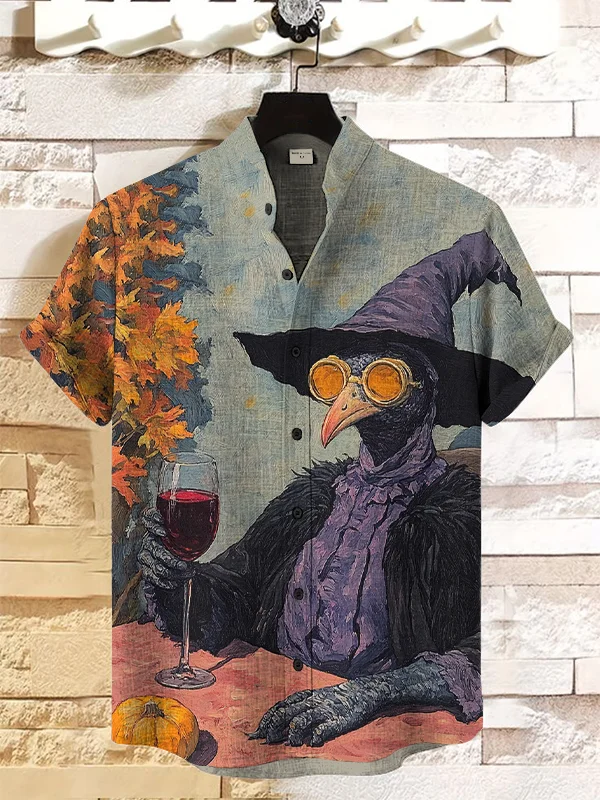 Men's Thanksgiving Turkey Wizard Drinking Red Wine Print Short Sleeve Shirt