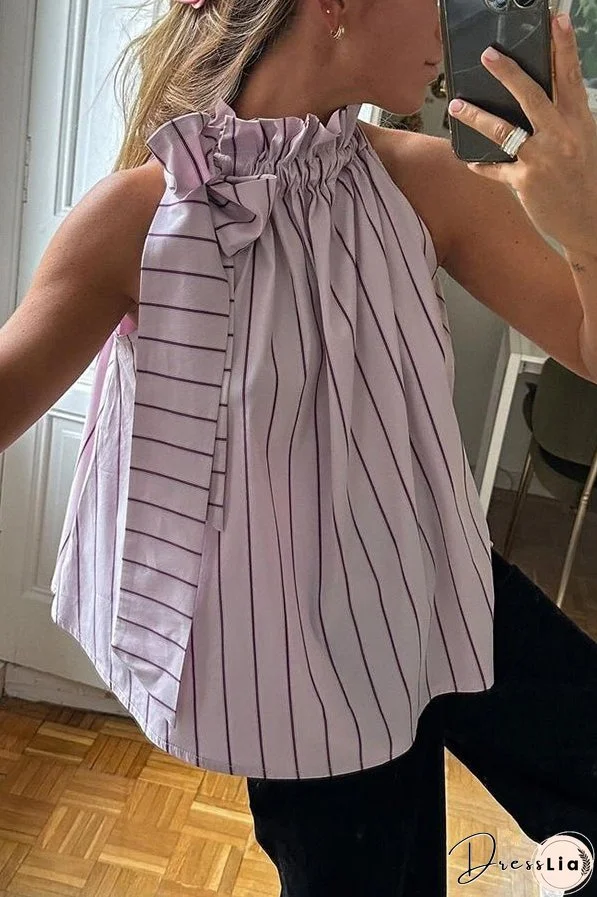 Casual Loose Ruffle Lace-up Collar Sleeveless Striped Top