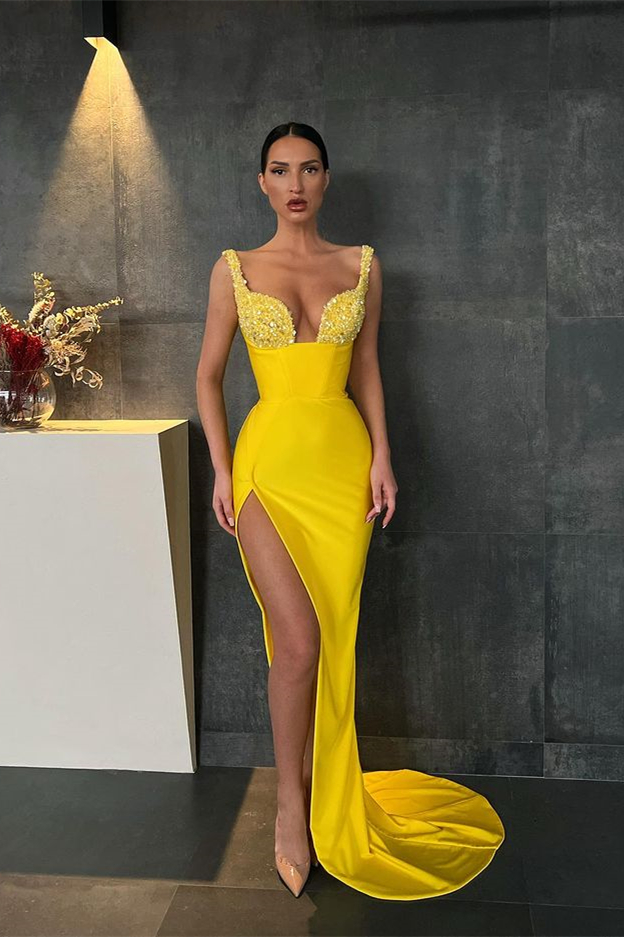 Gorgeous Yellow Sequins Straps Mermaid Prom Dress With Slit - lulusllly