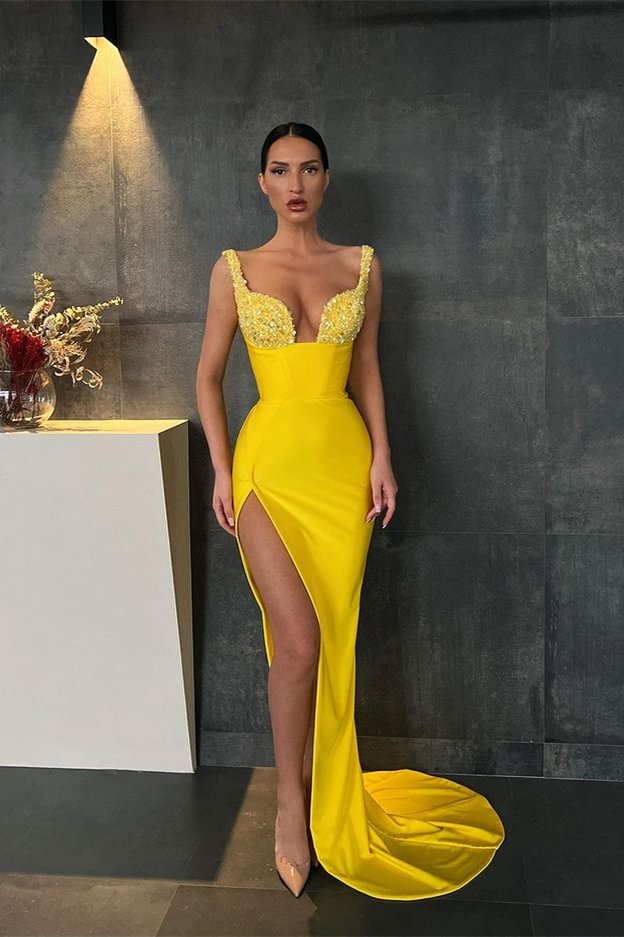 Yellow Straps Mermaid  Sequins Prom Dress With Slit | Ballbellas Ballbellas