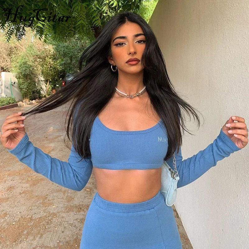 Hugcitar 2021 Long Sleeves Solid Navel Low Neck Bodycon Top Sexy Mini Dress Set Summer Women Fashion Streetwear Outfits Y2K