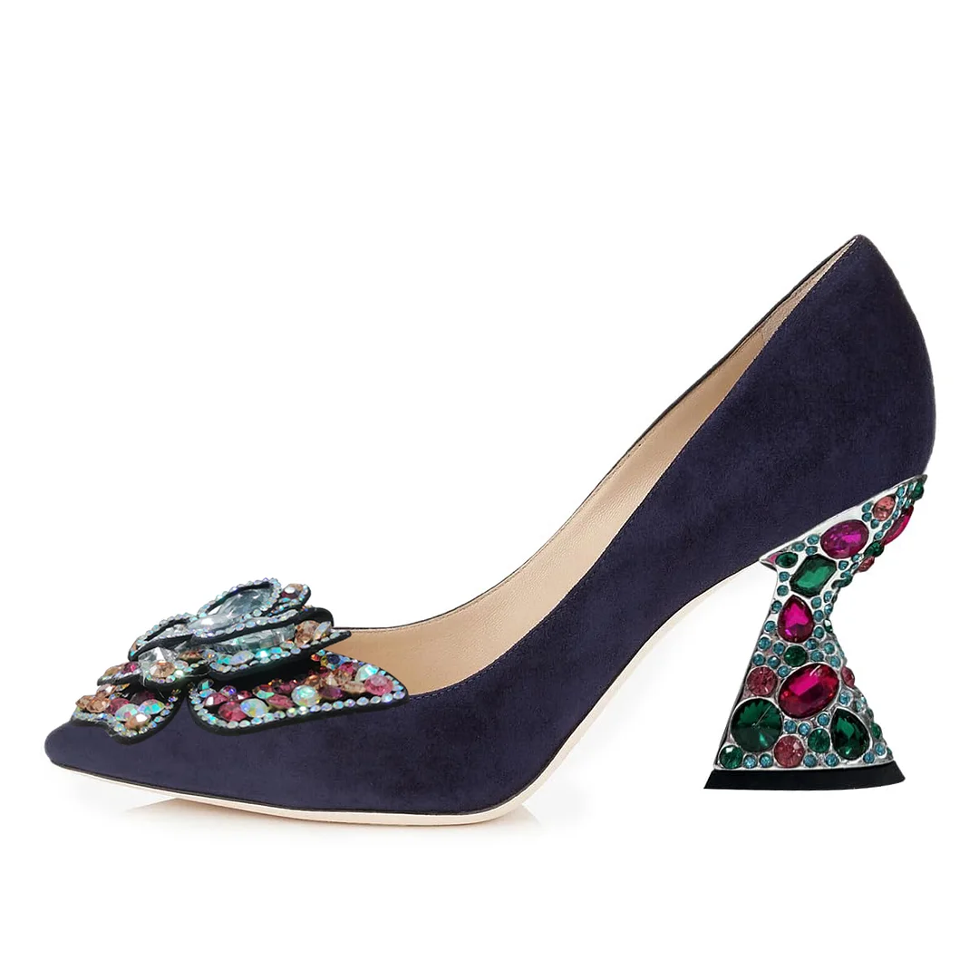 Navy Vegan Suede Pointed Colorful Rhinestone Butterfly Pumps for Women