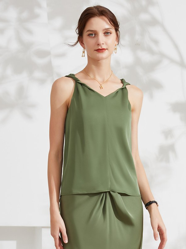 Olive Green Pleated Silk Camisole REAL SILK LIFE