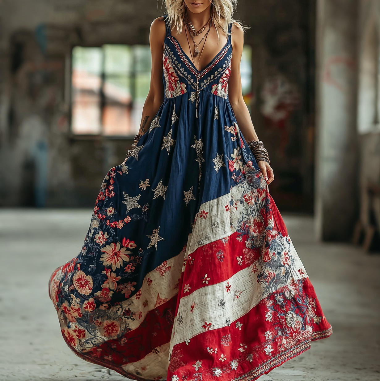  Women's Floral Flag Design Contrast Print Dress Westsshops