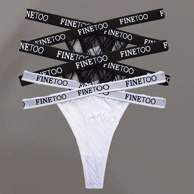 FINETOO 3PCS/Set Women's Letter Lace Mesh G-string Sexy Cross Strap Panties Midi Waist Underwear Thongs Femme Hollow Out Panties