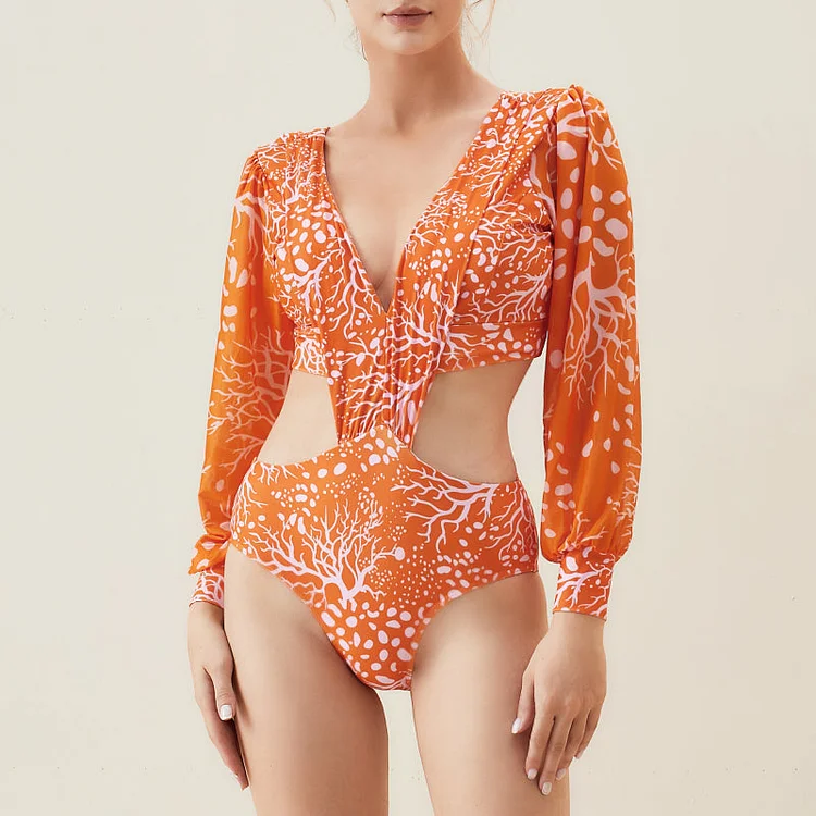 Morisly Long Sleeve Cutout Orange One Piece Swimsuit