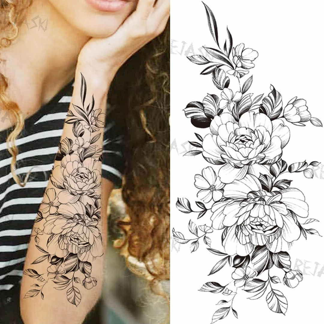 Sexy Snake Flower Fake Temporary Tattoo For Women Black Sunflower Tattoos Bloosom Big Daisy Camellia Water Transfer Tatoos Legs