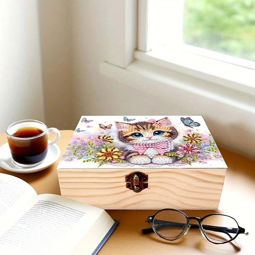 5D DIY Diamond Painting Handmade Wood Storage Box for Home Decor Craft (Cat)