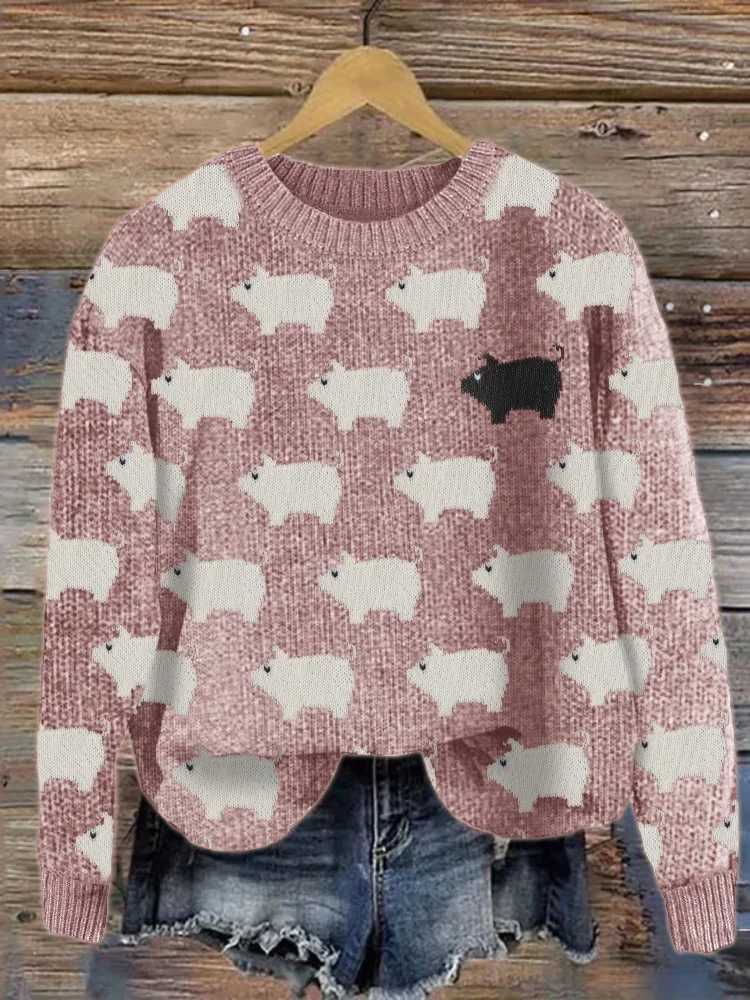 Vintage Pigs Pattern Cozy Knit Sweater